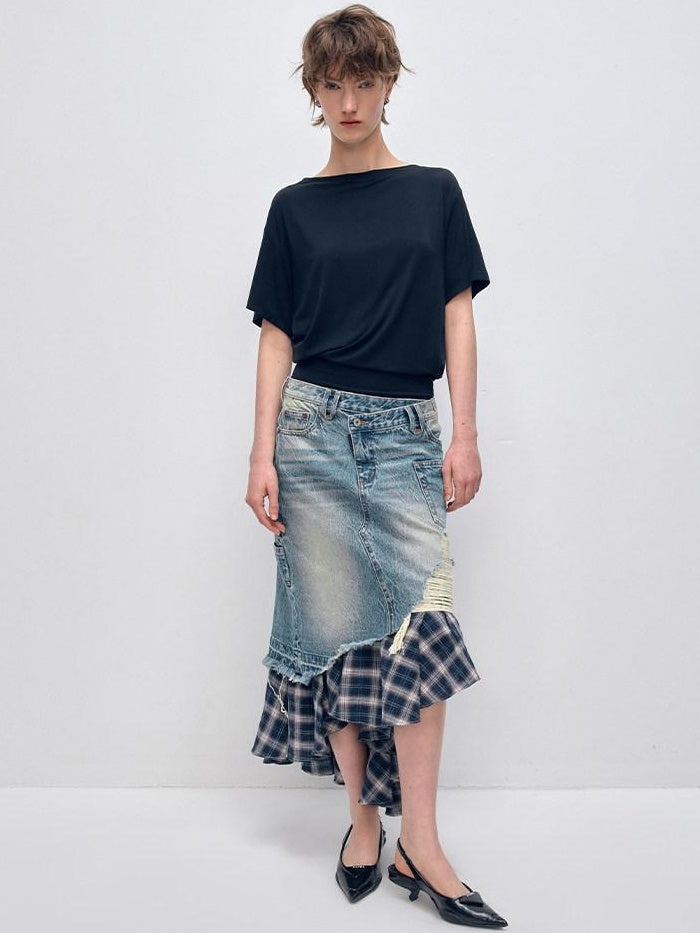 RUN TO THE FUTURE Vintage Patchwork Distressed Low Waist Slim A Line Denim Women Midi Skirts