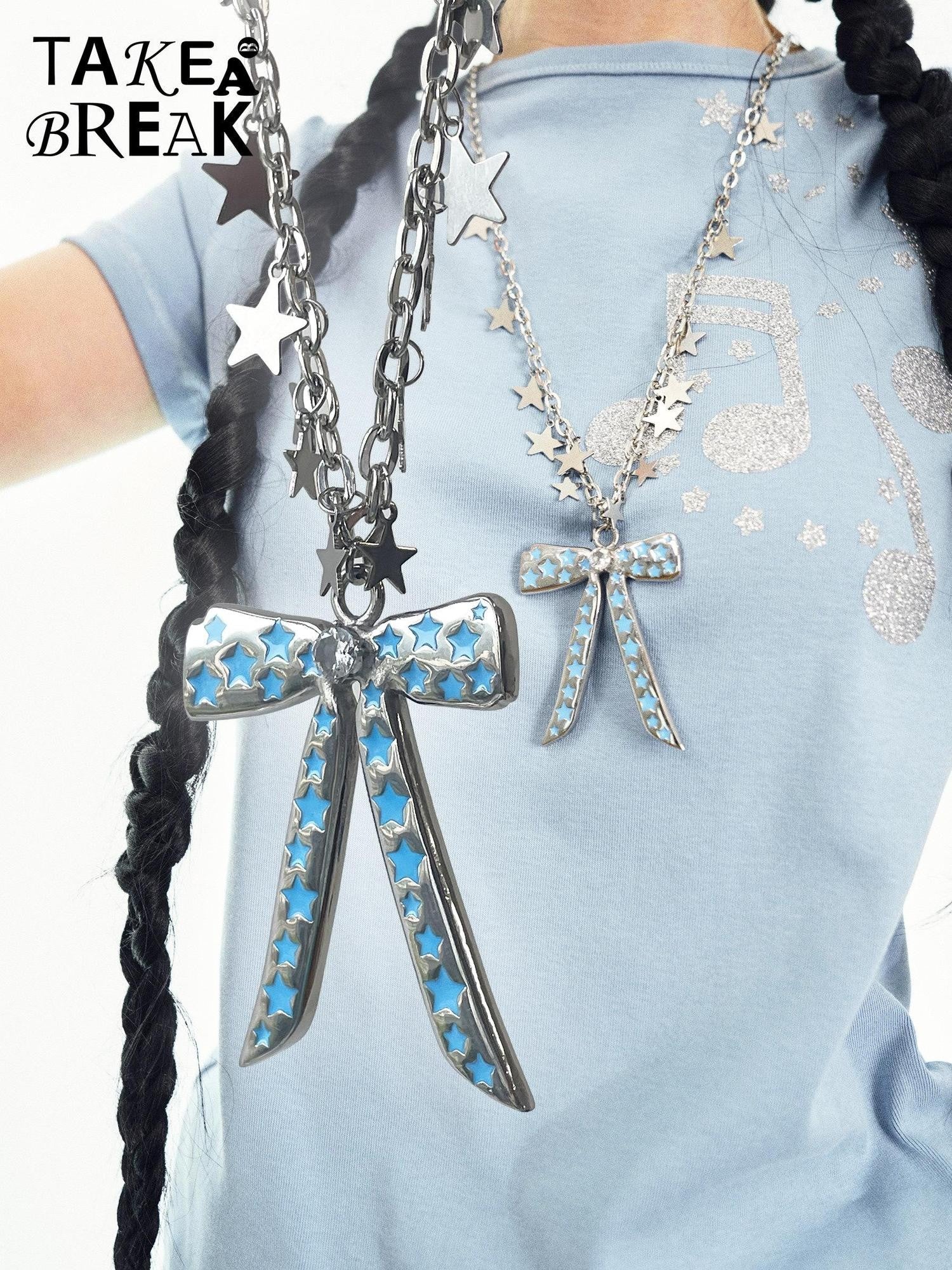 takeabreak Butterfly Bow Blue Star Resin Zircon Long Women&