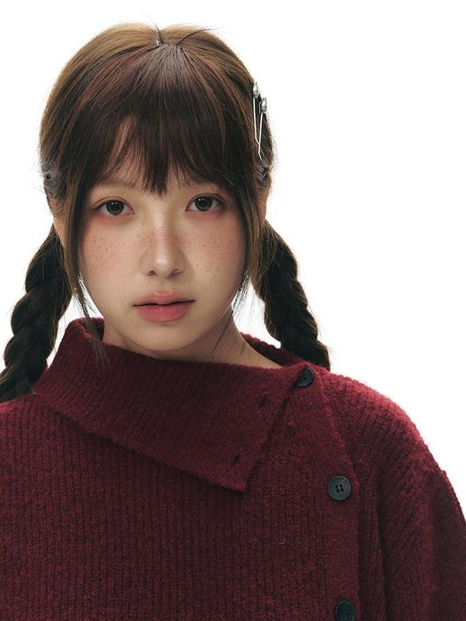 NAPSNAPS Rust Red Asymmetrical Placket Knit Mock Neck Women&
