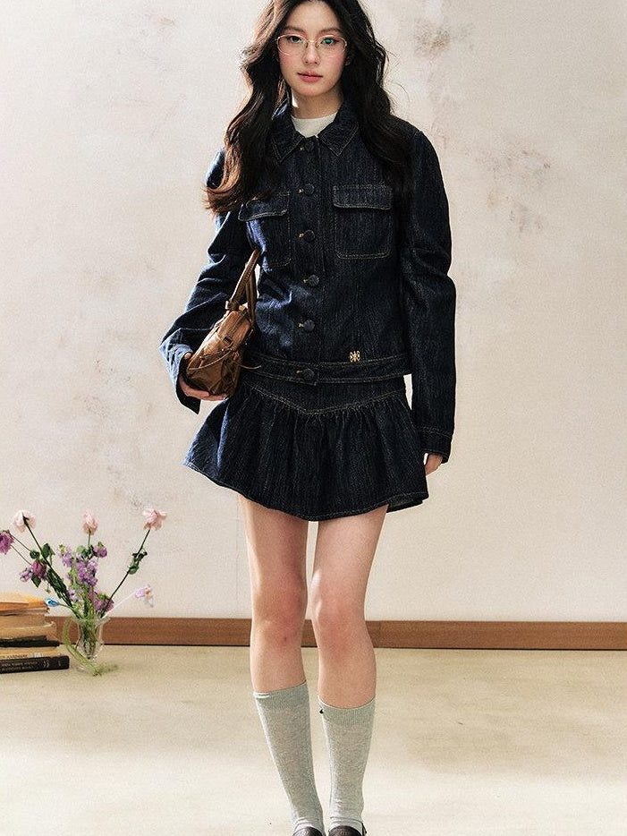 7Shiftin Office Two Piece Long Sleeve Classic Collar Button Women Denim Jackets