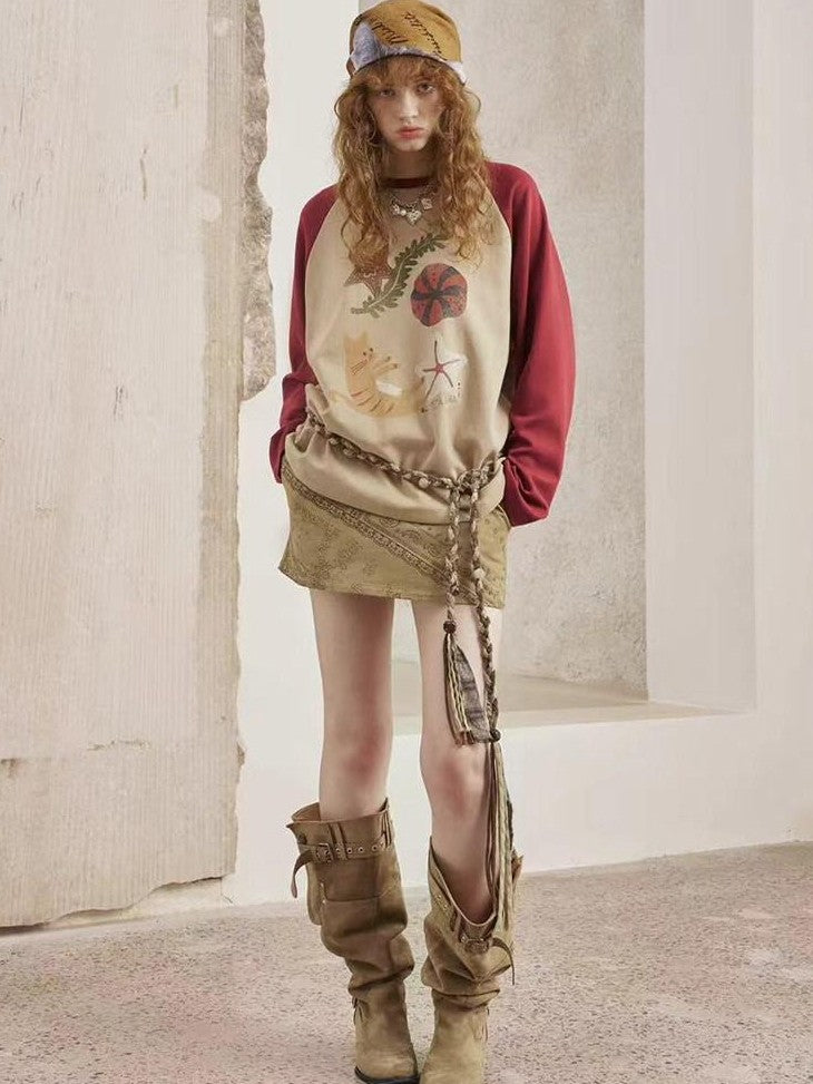 DIDDI MODA Khaki Paisley Print A Line Mid Waist Women&