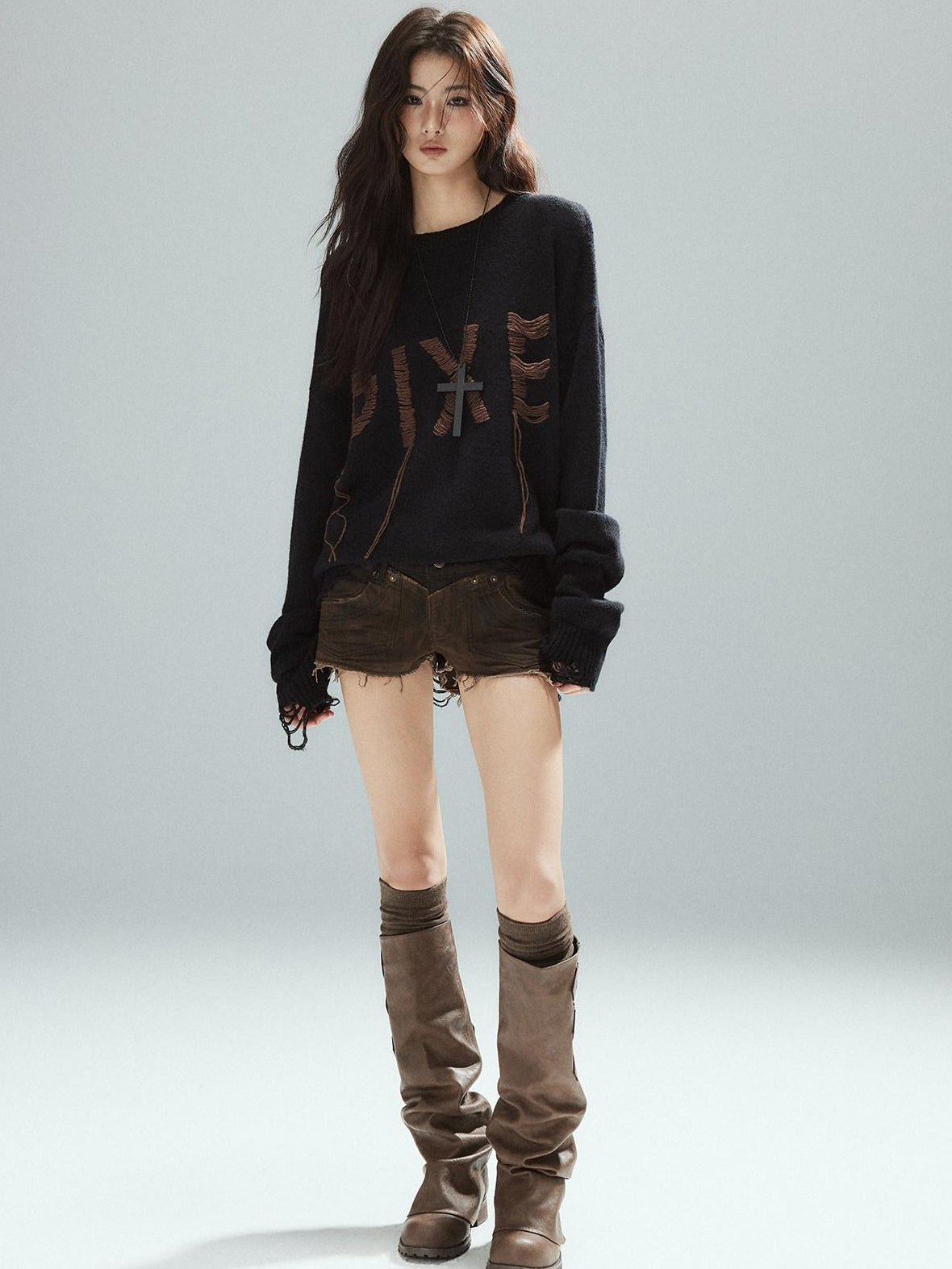 Low pixel Warm Oversized Street Style Distressed Hem Women Black Knit Pullover Sweaters