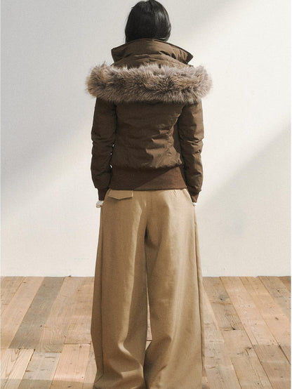 7Shiftin Warm Hooded Two Tone Fur Collar Toggle Closure Short Casual Women Puffer Jackets