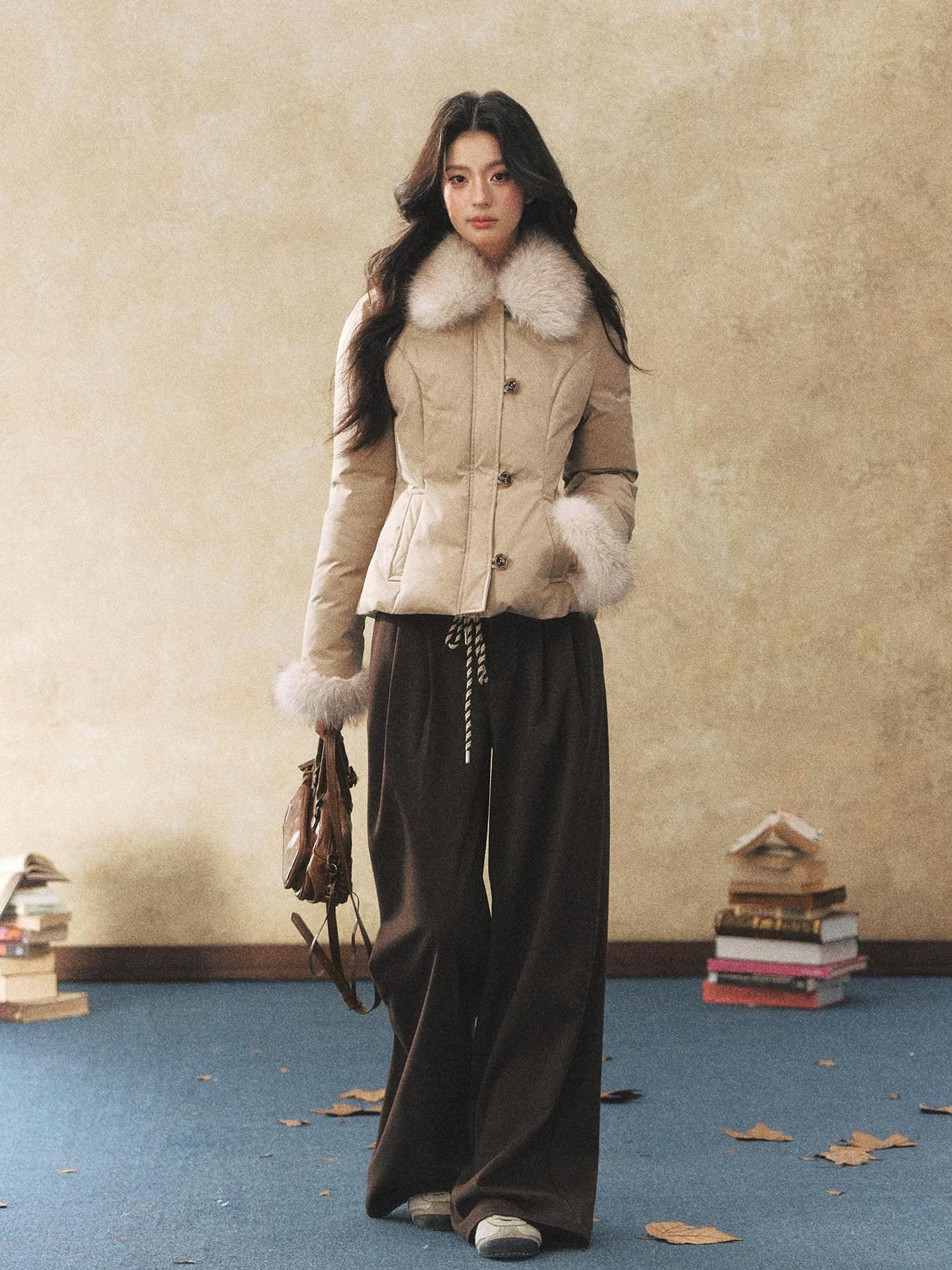 7Shiftin Warm Down Filled Plush Fur Collar Slim Fit Button Cropped Women Knit Sweaters