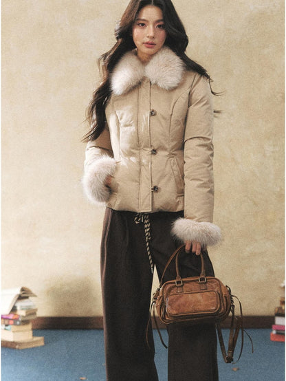 7Shiftin Warm Down Filled Plush Fur Collar Slim Fit Button Cropped Women Knit Sweaters