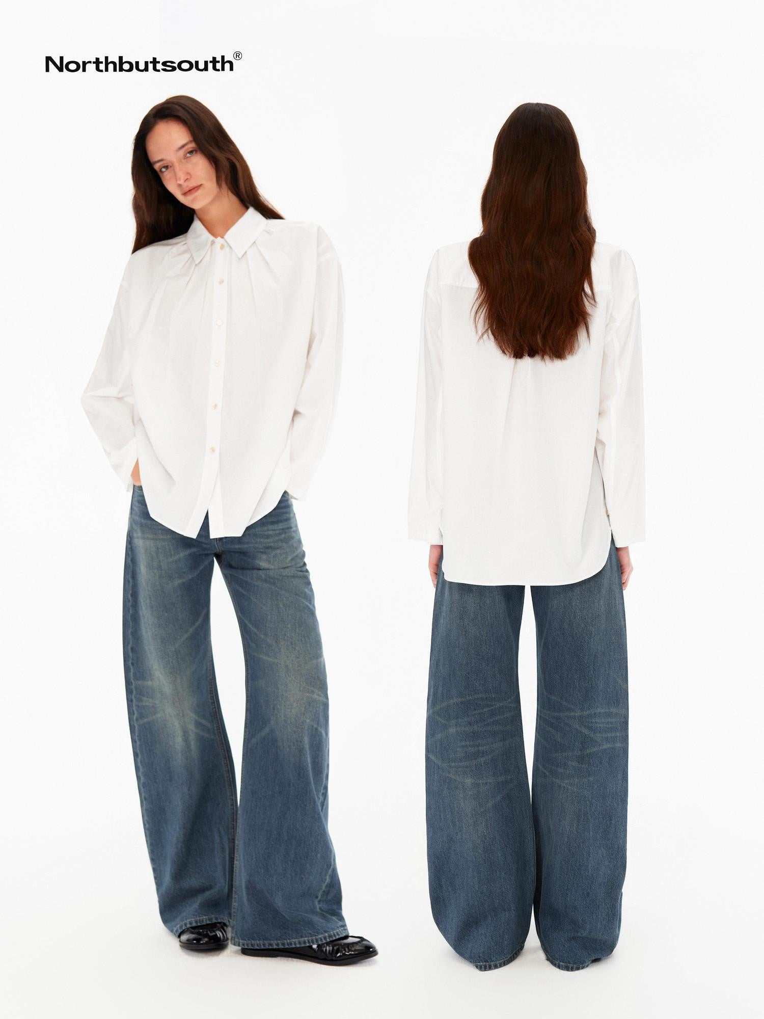 Northbutsouth Blue White Pleated Casual Loose Relaxed Fit Women&