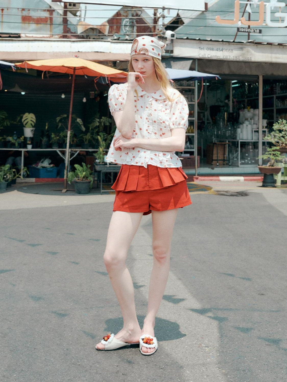 OuttheBlue Waist Cinch Ruffle Casual Puff Sleeve Doll Collar Polka Dot Women Shirts