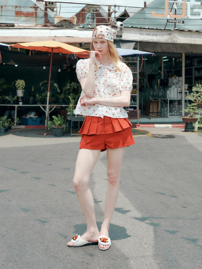 OuttheBlue Waist Cinch Ruffle Casual Puff Sleeve Doll Collar Polka Dot Women Shirts
