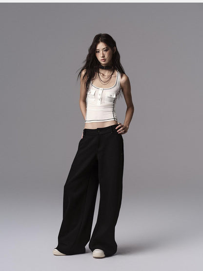 Low pixel Low Waist Dark Minimal Curved Button Fly Black Women Rayon Wide Leg Pants
