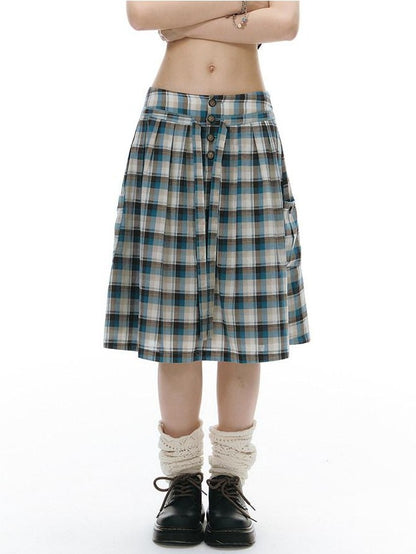 NAPSNAPS Blue Plaid Ruffle Puff Sleeve Button Tie Women&
