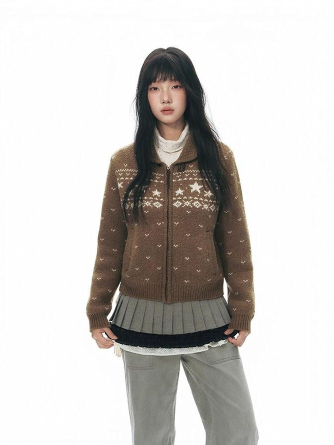 NAPSNAPS Vintage Fair Isle Star Knit Turndown Collar Women&