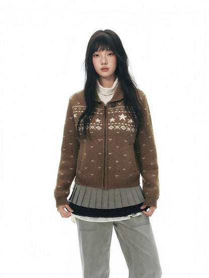 NAPSNAPS Vintage Fair Isle Star Knit Turndown Collar Women&