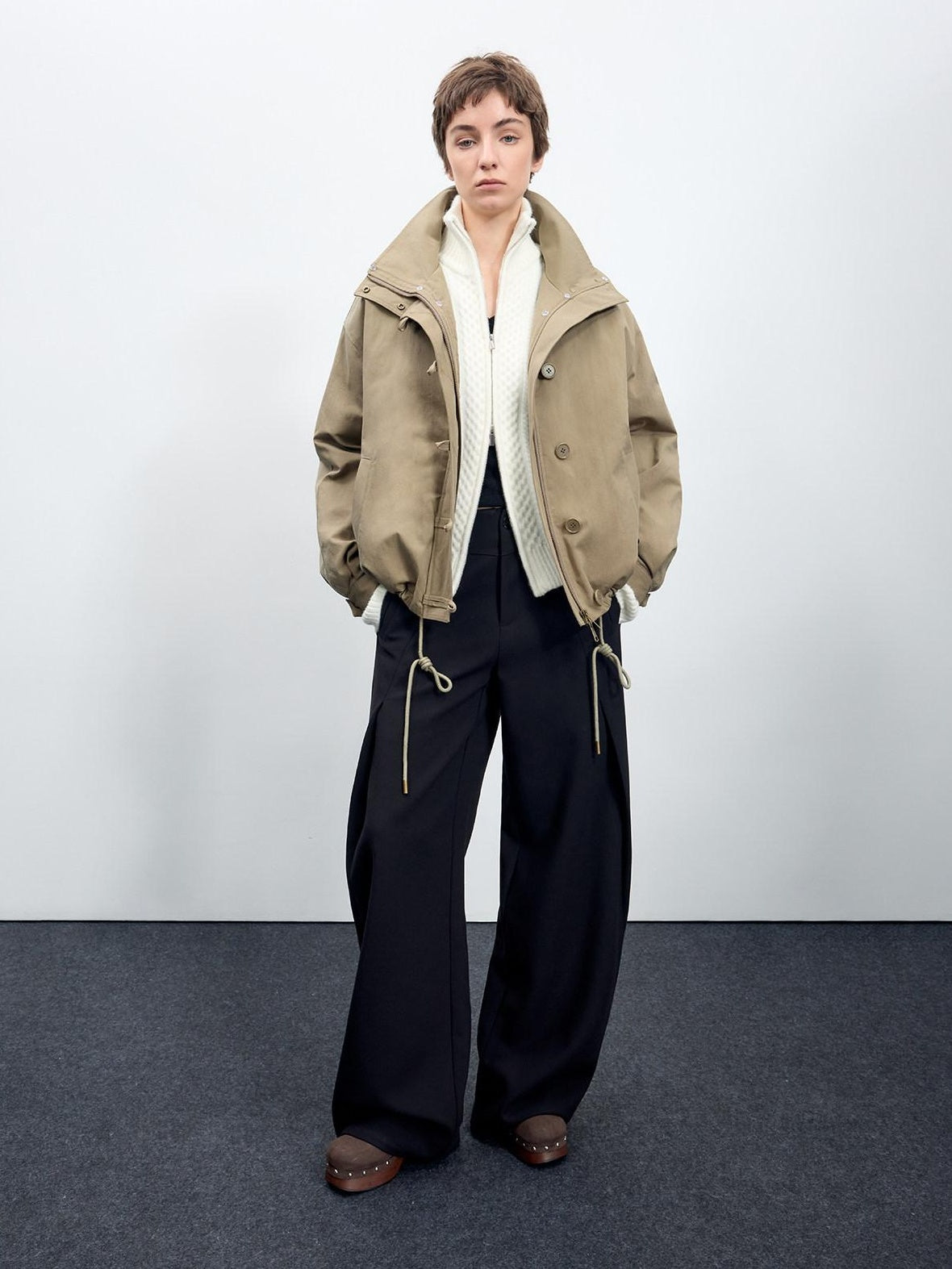 RUN TO THE FUTURE Flattering Mid Rise Minimalist Straight Cut Office Gray Black Wide-Leg Pants