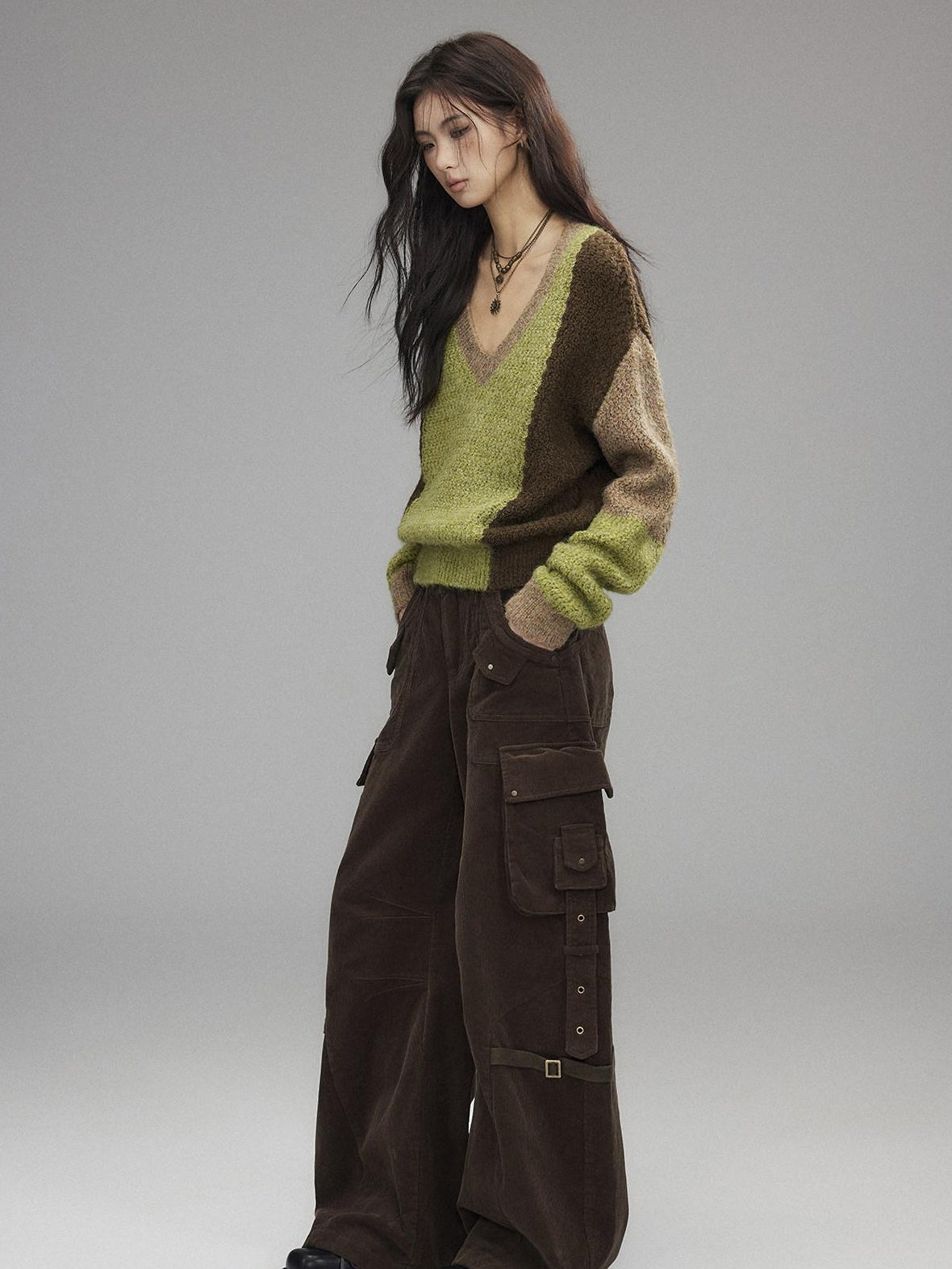 Low pixel Thick Sheep Wool Patchwork Streetwear Loose Fit V-neck Pullover Youth Sweaters