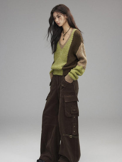 Low pixel Thick Sheep Wool Patchwork Streetwear Loose Fit V-neck Pullover Youth Sweaters