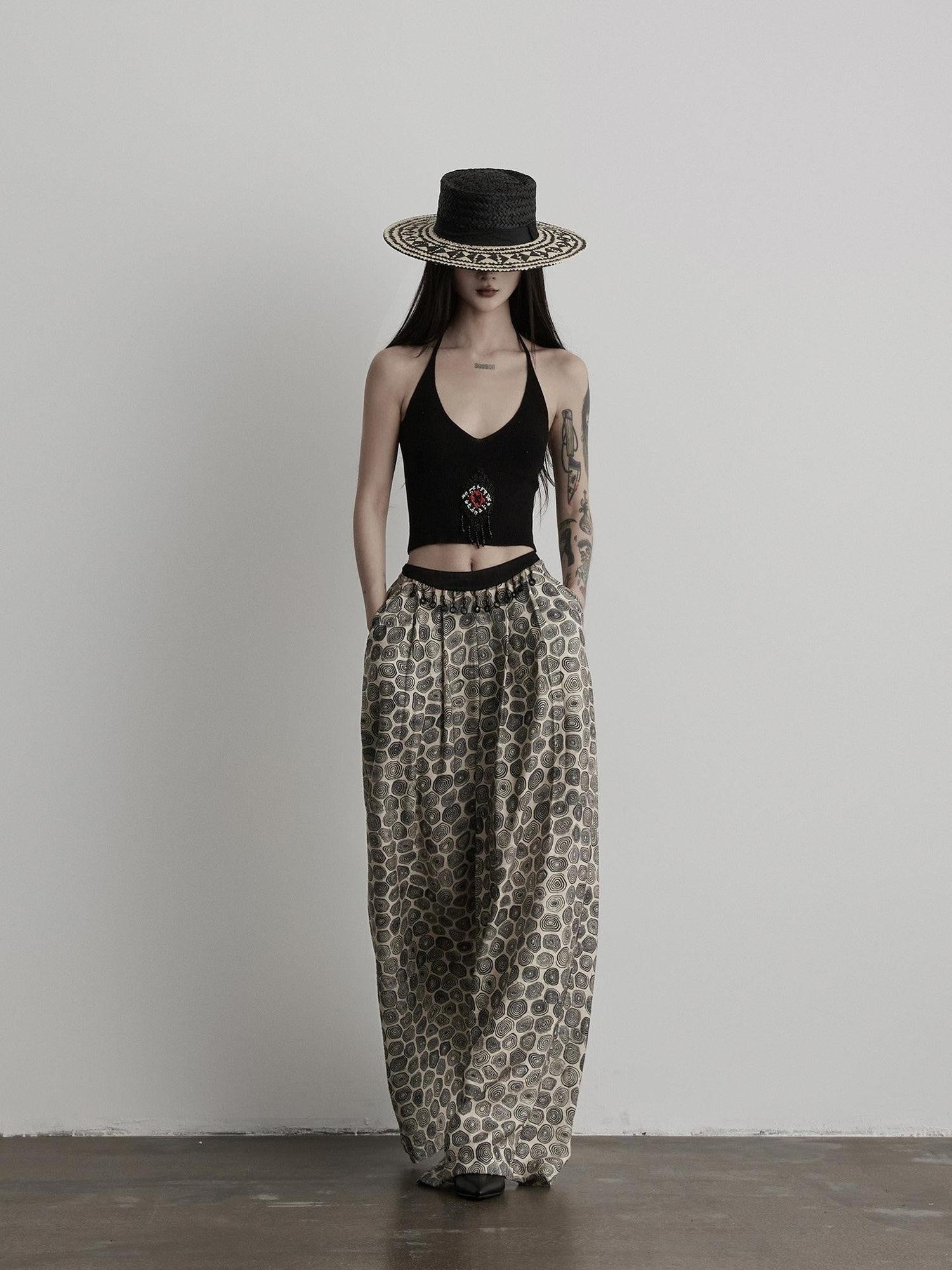 INDULGE Durable Viscose Blend Vintage Patchwork Abstract Pockets Women Wide-Leg Pants