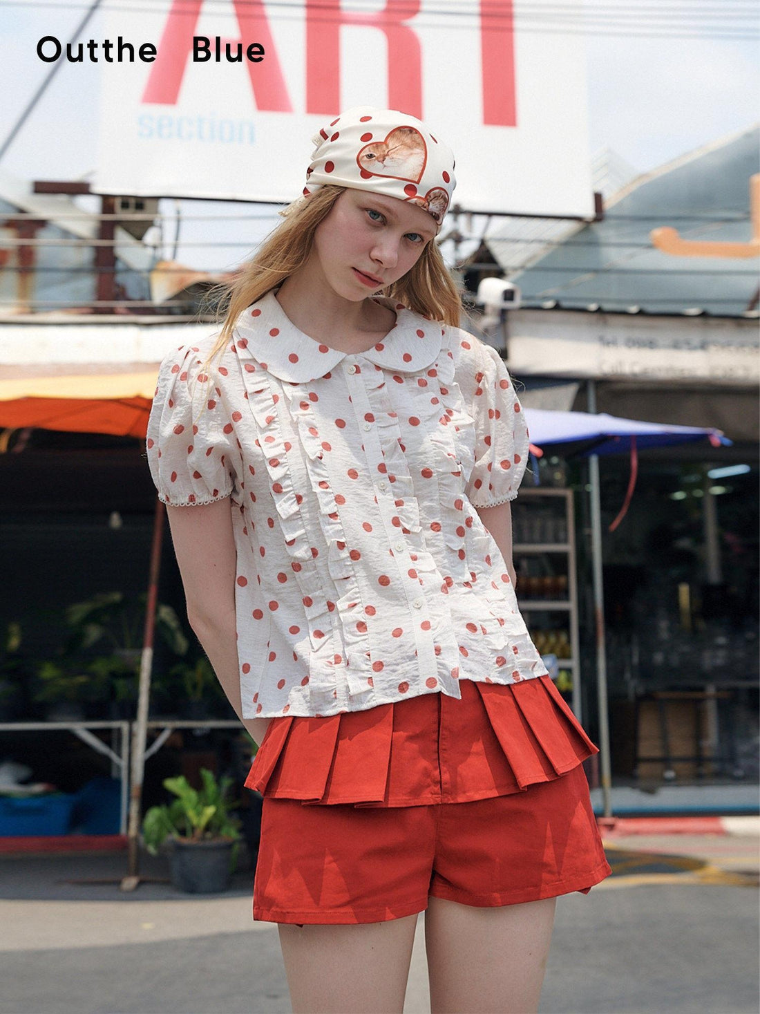 OuttheBlue Waist Cinch Ruffle Casual Puff Sleeve Doll Collar Polka Dot Women Shirts