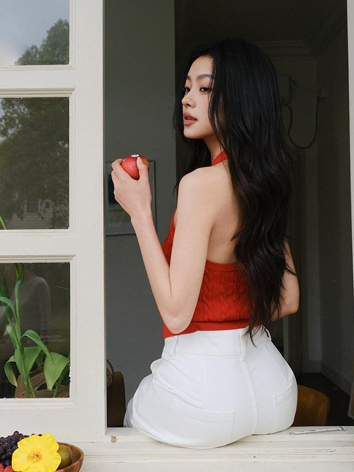 FU FRESH UP Cable Knit V-neck Backless Slimming Women&
