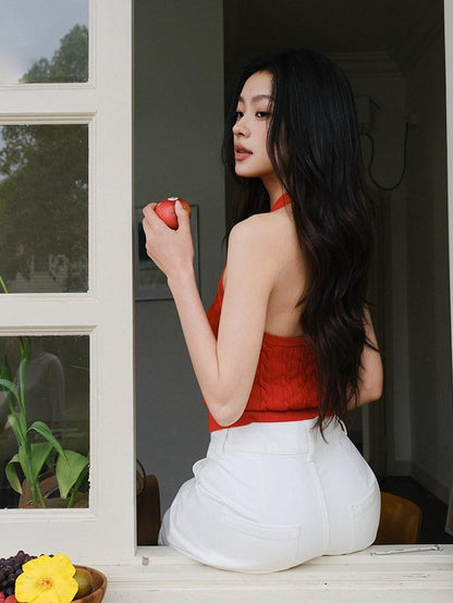 FU FRESH UP Cable Knit V-neck Backless Slimming Women&