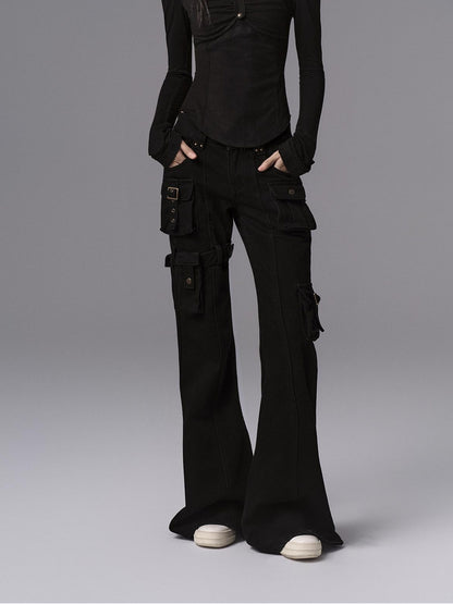 Low pixel Dark Gothic Flared Mid Rise Pocketed Cotton Zip Fly Women Black Cargo Pants