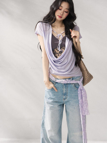 7Shiftin Purple Tie Front Relaxed Crew Neck Short Sleeve Casual Women Basic Crop Tops