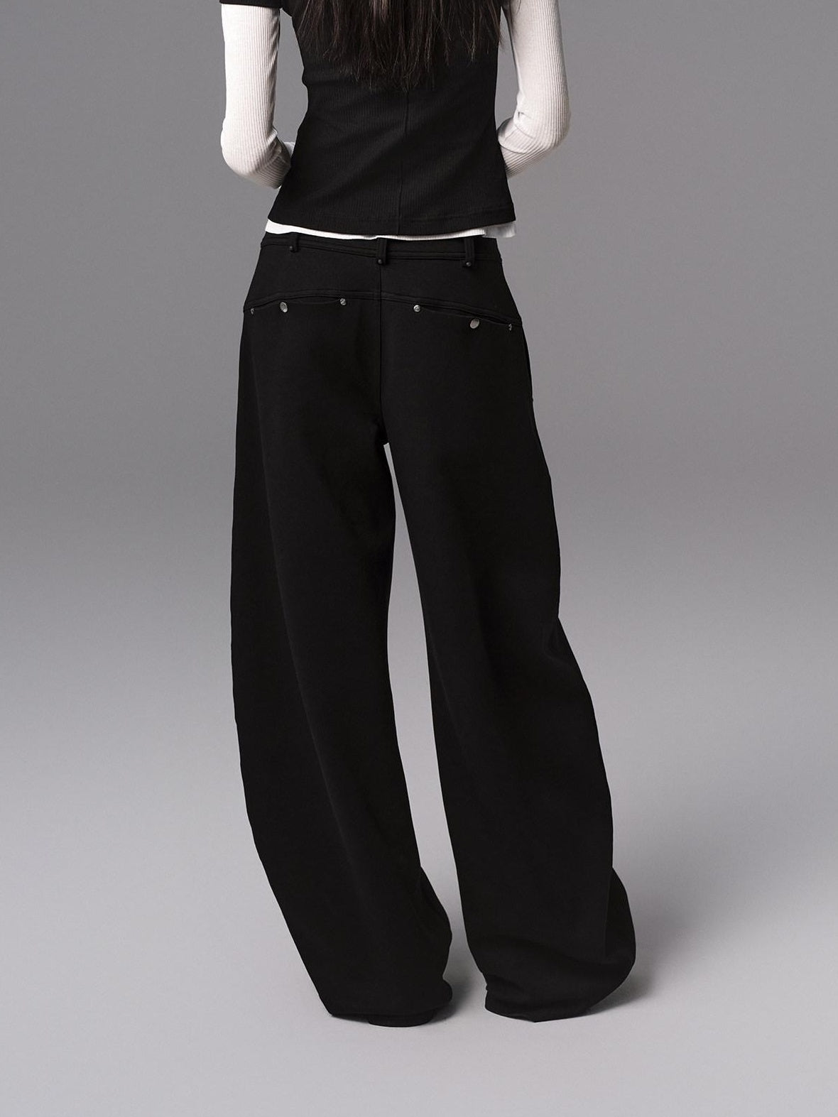 Low pixel Low Waist Dark Minimal Curved Button Fly Black Women Rayon Wide Leg Pants