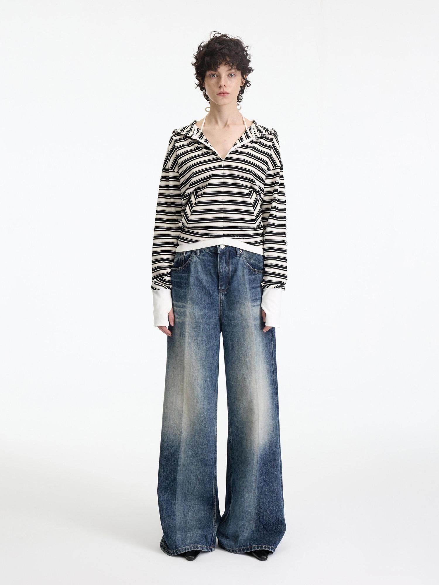 RUN TO THE FUTURE Washed Ice Blue Casual Natural Waist Womens Non Stretch Denim Straight Jeans