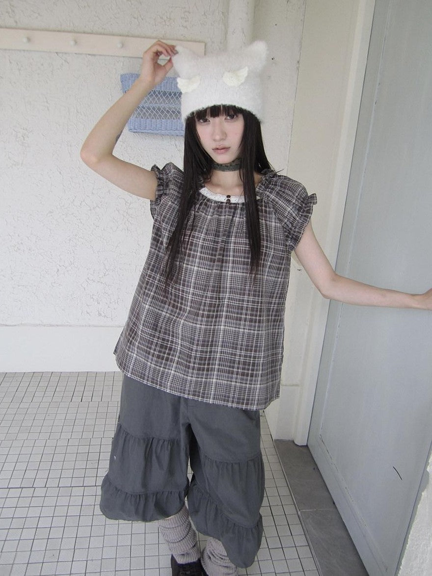 ang project Brown Plaid Patchwork Lace Trim Puff Sleeve Women&