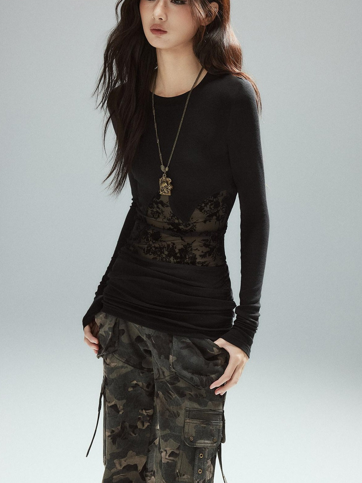 Low pixel Asymmetrical Patchwork Slim Streetwear Black Lyocell Long Sleeve T-Shirts