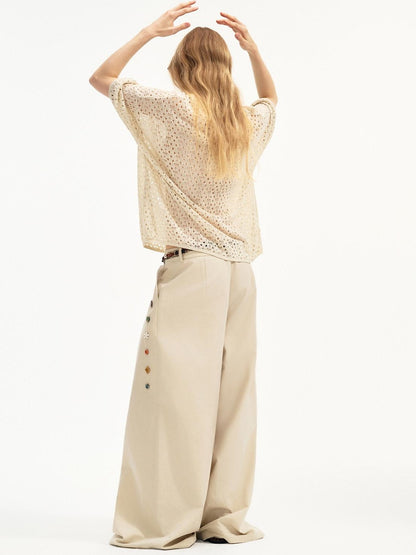 OuttheBlue Cotton Lyocell Minimal Natural Waist Zipper Light Grey Khaki Wide Leg Pants