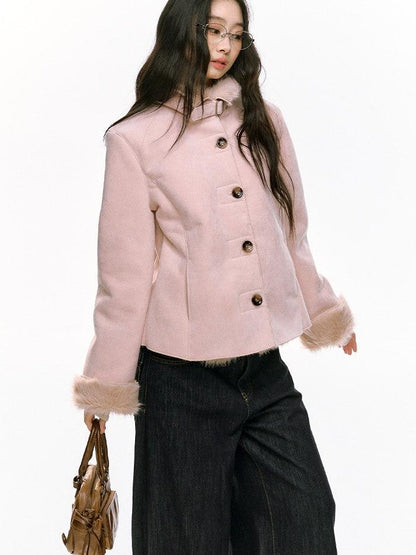 7Shiftin Fleece Lined Original Slim Stand Collar Button Coffee Pink Cropped Jackets