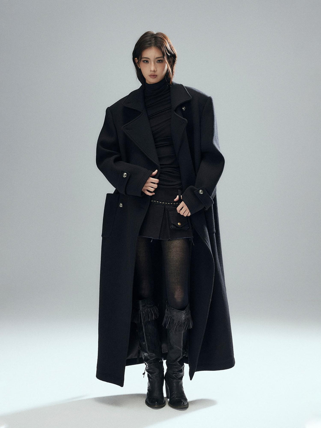 Low pixel Warm Wool Blend Street Oversized Double Breasted Notch Collar Black Wool Coats