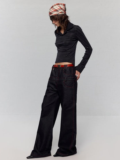 RUN TO THE FUTURE Low Rise Colorblock Loose Fit Zip Fly Black Denim Stretch Wide-Leg Jeans