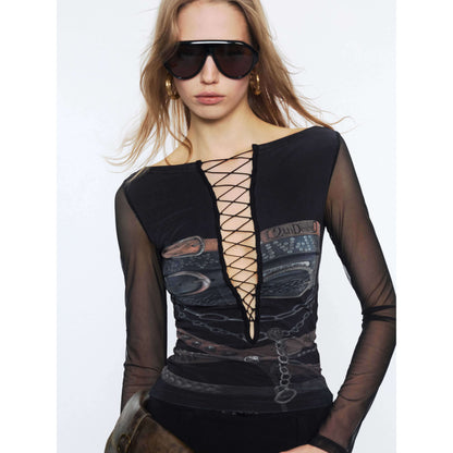 2th Desire Sexy Mesh Splice V-neck Crop Slim Tie Front For Women Print Long Sleeve T-Shirts