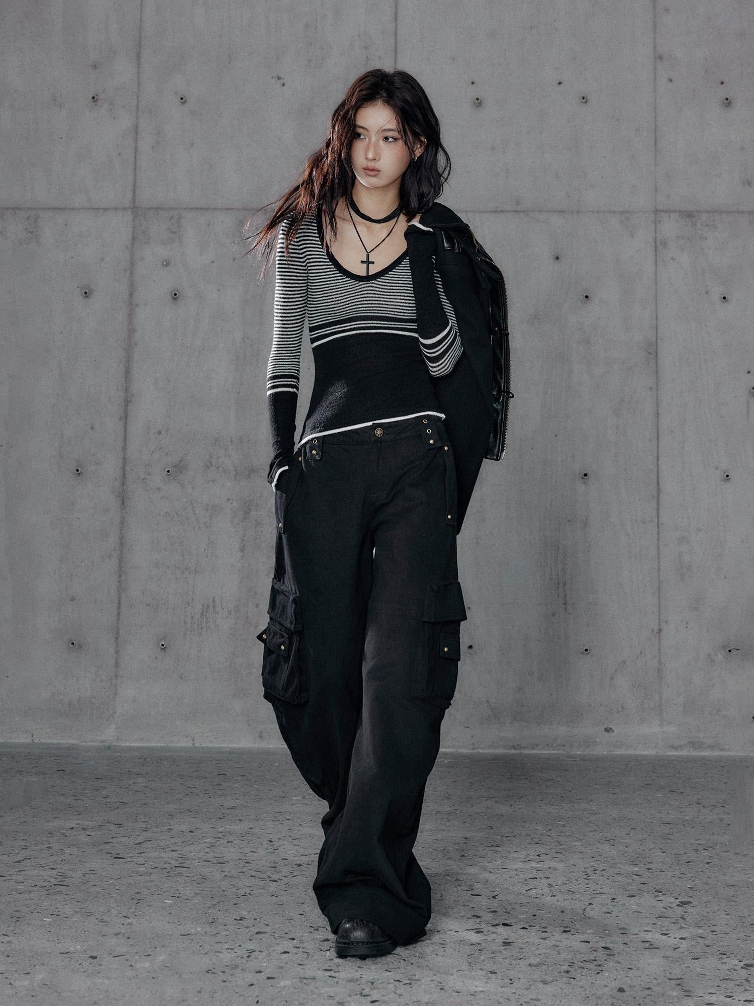 Low pixel Washed Low Rise Wide Leg Utility Loose Fit Womens Black Cargo Pants