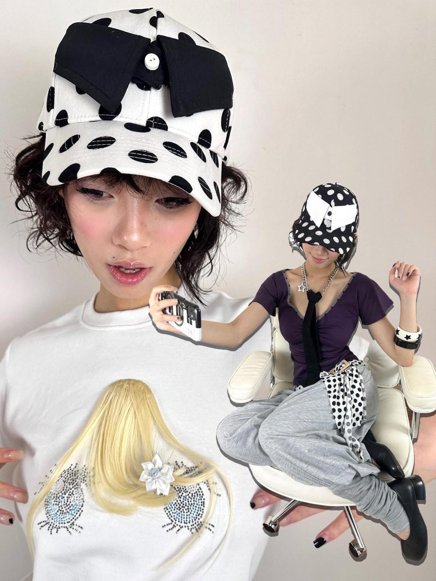 nit alcove Cute Polka Dot Bow Adjustable Cotton Casual Unisex Couple Baseball Caps