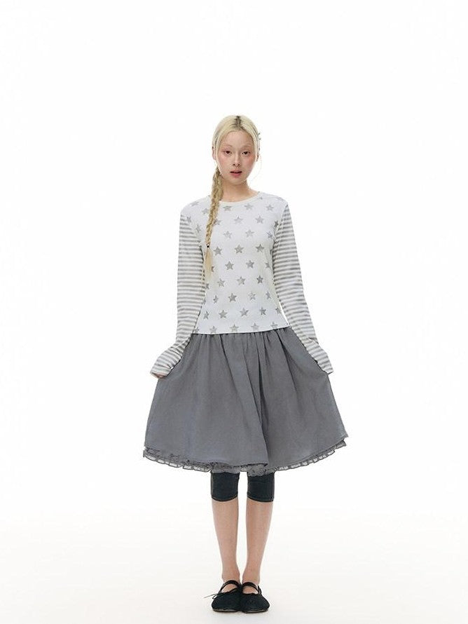 NAPSNAPS Gray Blue Lace Puff Sleeves Cardigan Women&