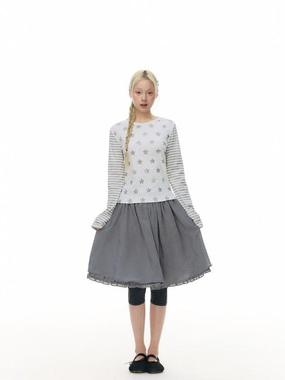 NAPSNAPS Gray Blue Lace Puff Sleeves Cardigan Women&