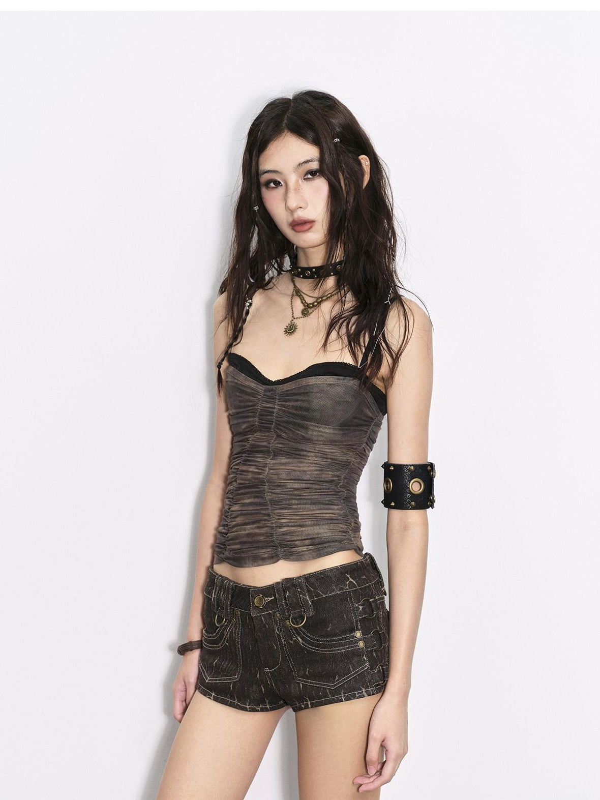 Low pixel Cotton Blend Low Rise Slim Fit Urban Microflare Button Fly Brown Mini Shorts