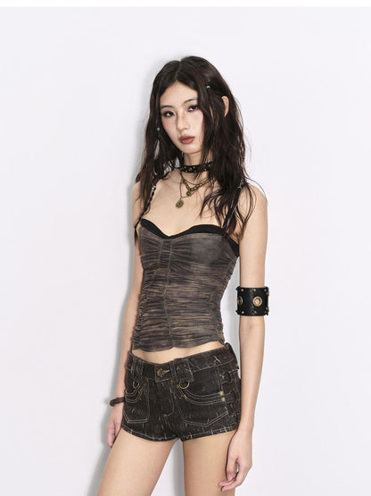 Low pixel Cotton Blend Low Rise Slim Fit Urban Microflare Button Fly Brown Mini Shorts