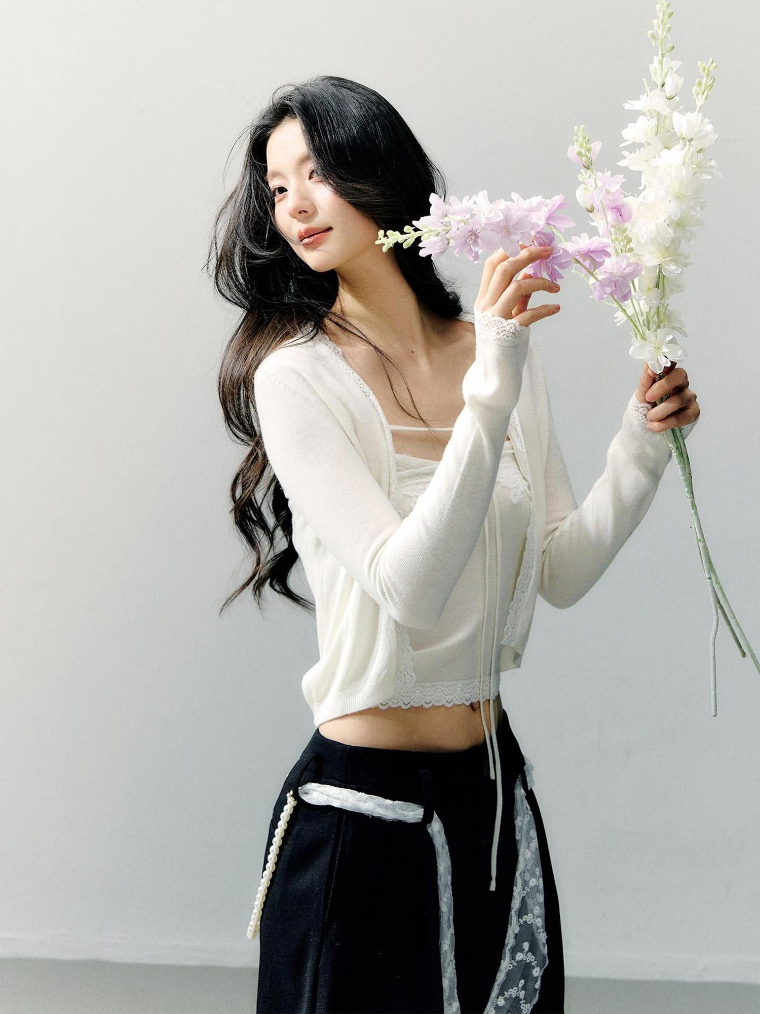 7Shiftin Two Piece High Waist Solid Knit Square Neck Casual Women Long Sleeve Crop Tops