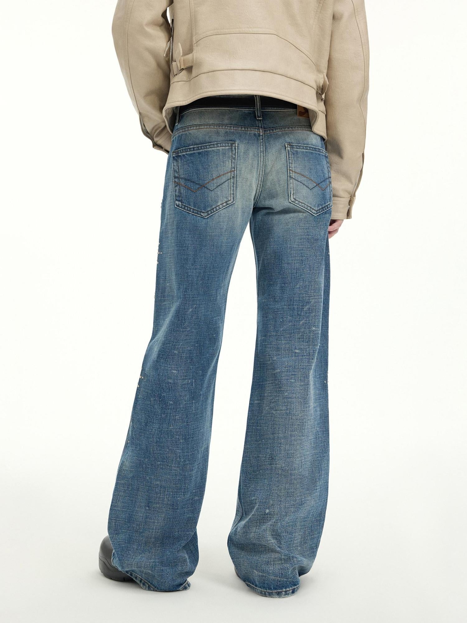 RUN TO THE FUTURE Washed Embroidered Low Rise Straight Cotton Button Fly Women Blue Wide-Leg Jeans