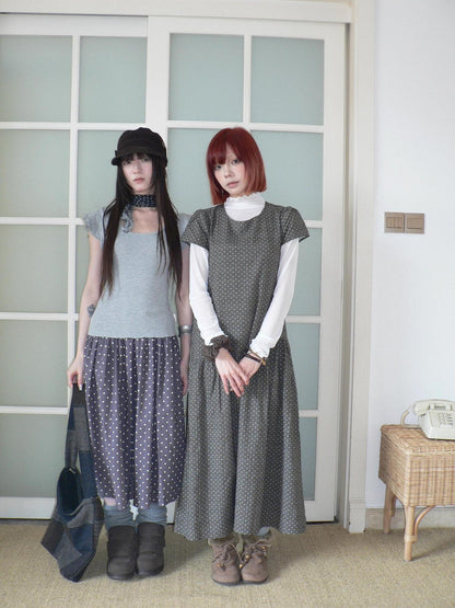 ang project Brown Polka Dot Pleated A Line Flutter Sleeve Women&
