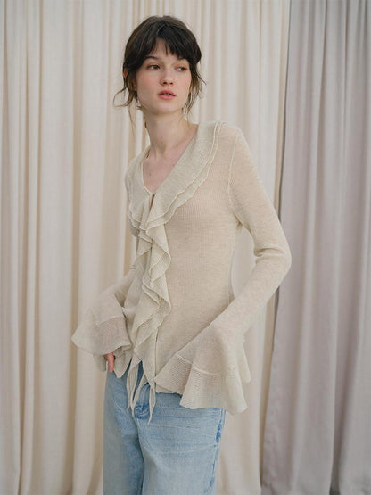 DKZ OFFICIAL Irregular Ruffle Tie V-neck Sheer Knitted Women&