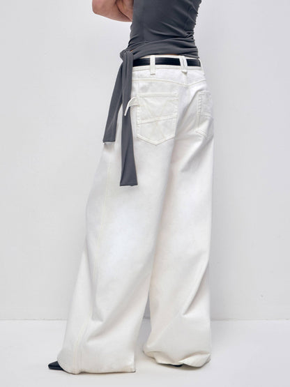 RUN TO THE FUTURE Low Rise 96 Percent Cotton Casual Loose Fit White Denim Wide-Leg Jeans