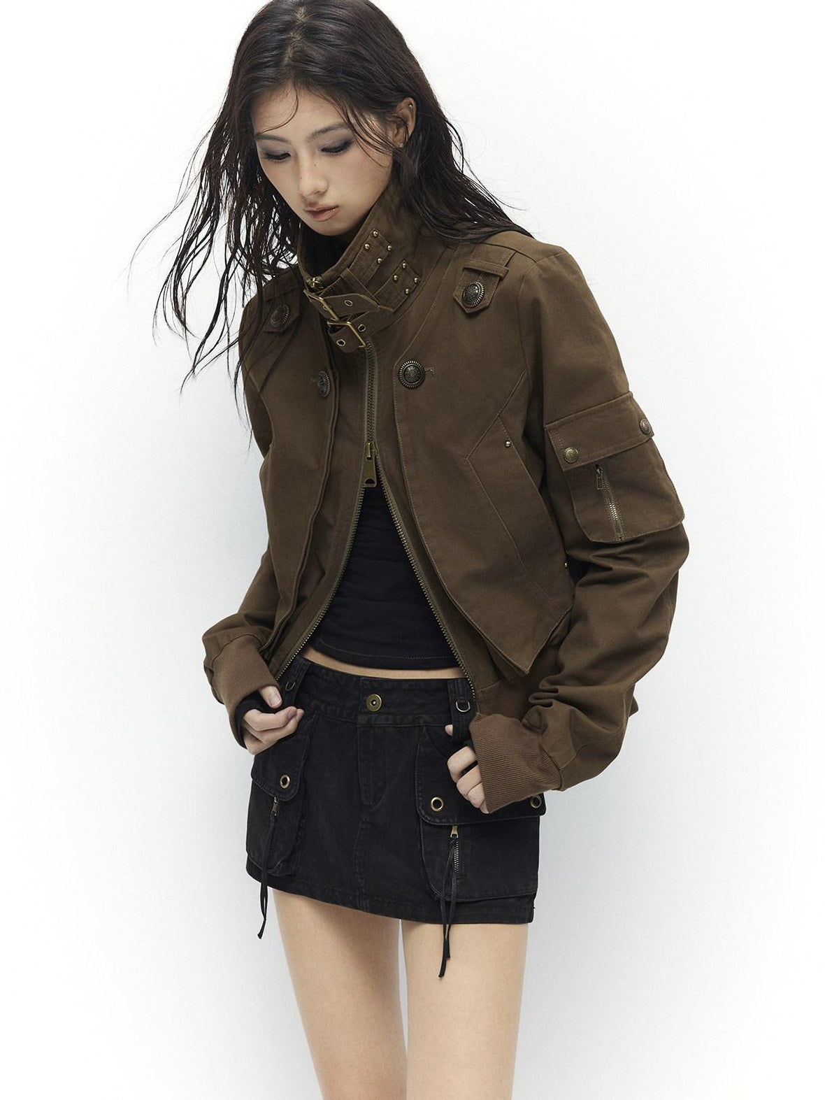 Low pixel Plush Lined Waist Cinch Dark Goth Slim Fit Women Zip High Collar Cropped Jackets