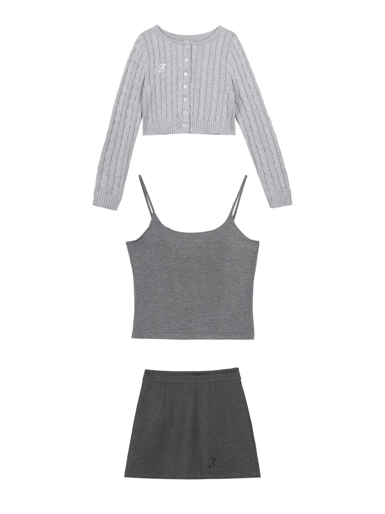 7Shiftin Button V-neck Cardigan Women Workwear Solid Grey Camisole Skirt Top &amp; Skirt Sets