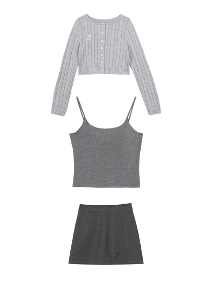 7Shiftin Button V-neck Cardigan Women Workwear Solid Grey Camisole Skirt Top &amp; Skirt Sets