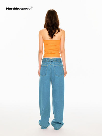 Northbutsouth Mid Blue Slant Pocket Adjustable Back Paris Button Women&