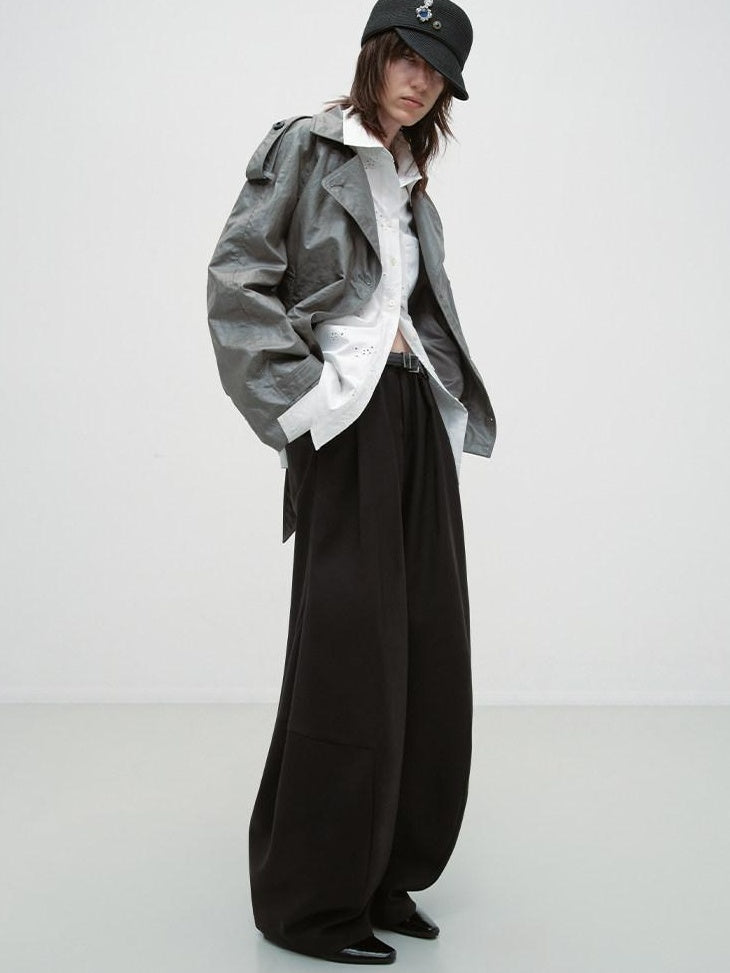 RUN TO THE FUTURE Pleated Minimalist Mid Rise Micro Stretch Casual Loose Fit Black Wide-Leg Pants